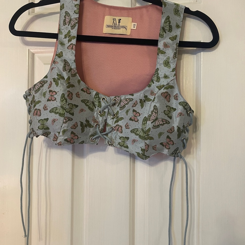 Butterfly Print Lace-Up Crop Top